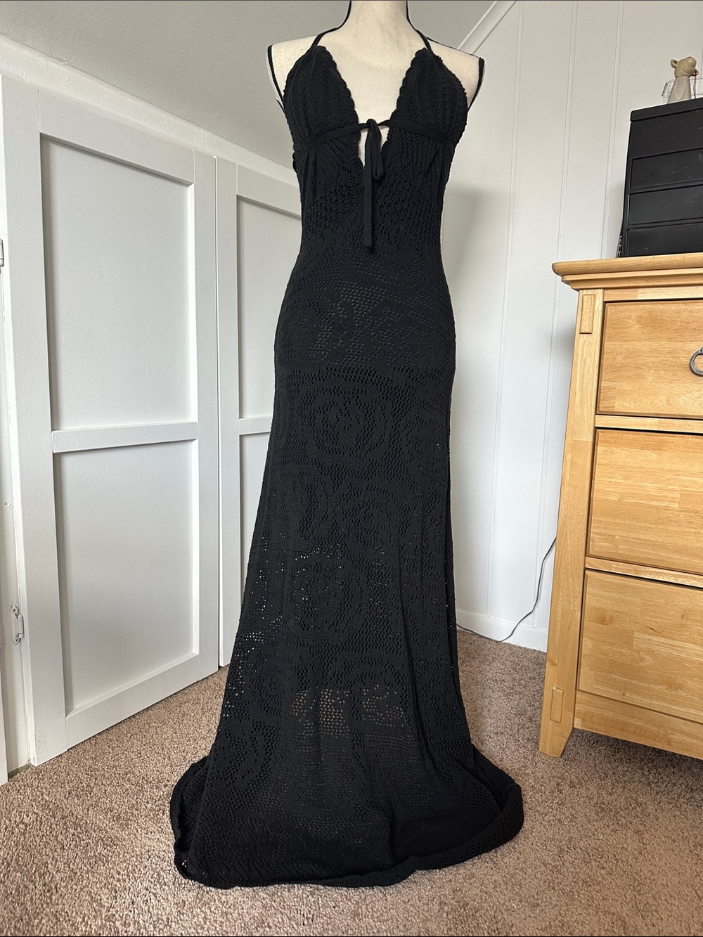 Guess Black Crochet Halter Tie-Front Maxi Dress